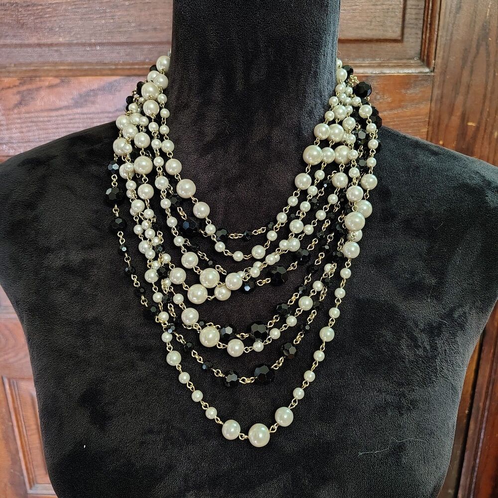 Talbots VTG Multi Layered Faux Pearl & Blk Beaded Statement Necklace W Tags